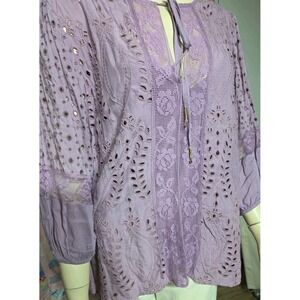 Johnny Was Jade Janine Peasant Sz L Top L11822-3 Eyelet Lavender Boho‎